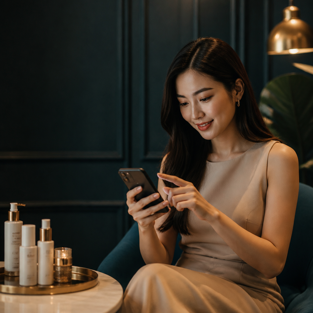 Chị Mai đang tìm kiếm thông tin làm đẹp Cần Thơ trên điện thoại