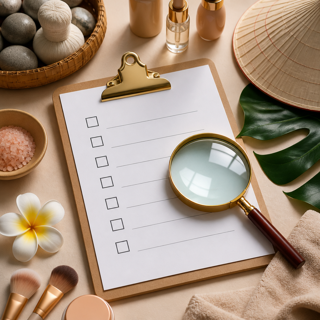 Người phụ nữ đang kiểm tra các tiêu chí làm đẹp Cần Thơ trên checklist