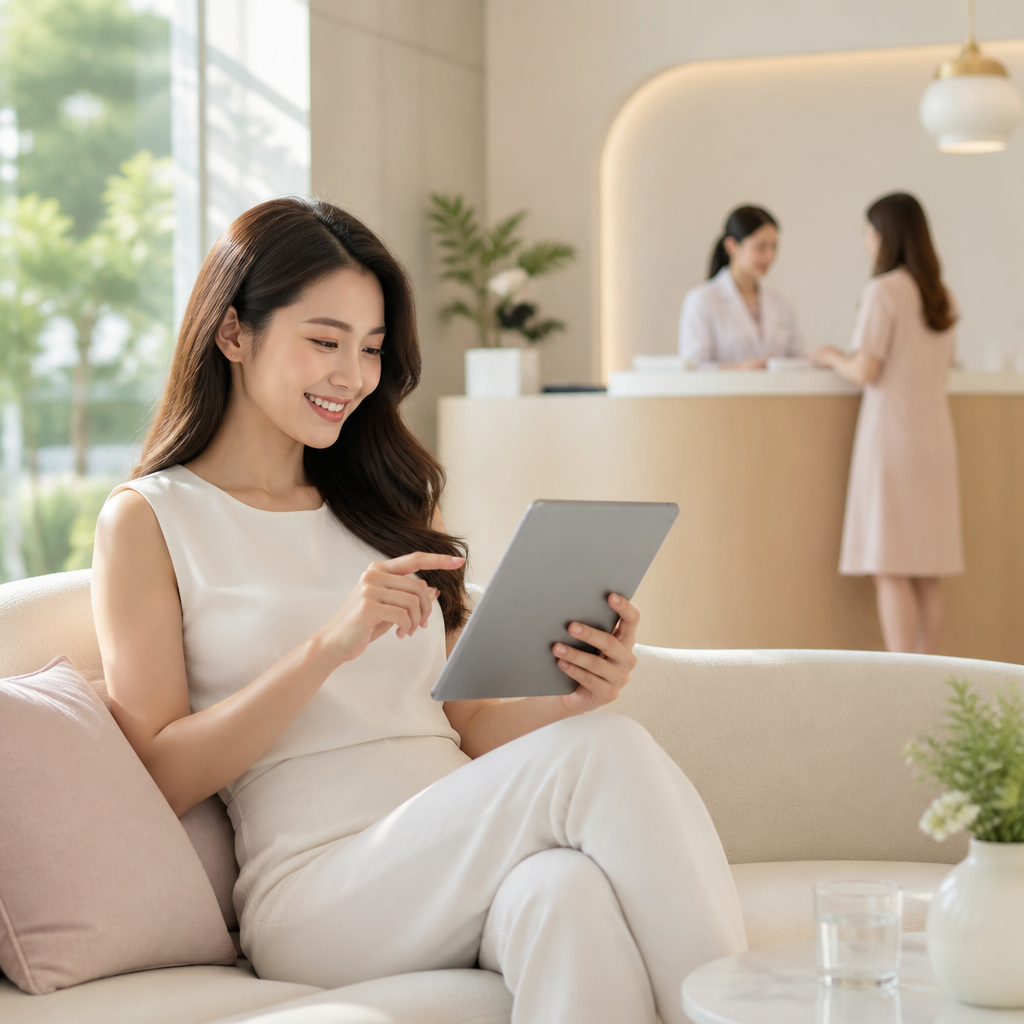 Người phụ nữ đọc các đánh giá của khách hàng về dịch vụ thẩm mỹ